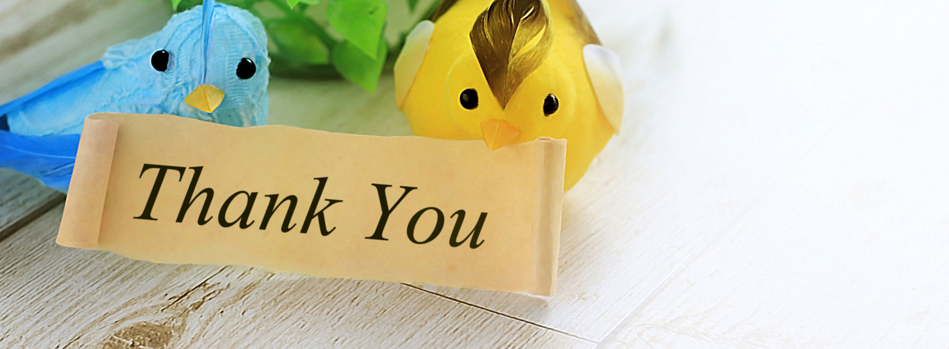 Thank Youと書かれている紙を加えている鳥の置物の写真